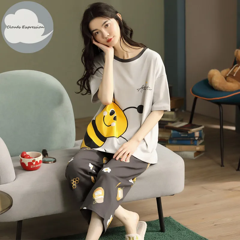 Women Pajamas Set Women Pajama Suit Summer Knitted Cotton Cartoon Pajamas Sets Women Pyjamas Sleepwear Nightwear Calf-Length Pants Homewear Plus Size