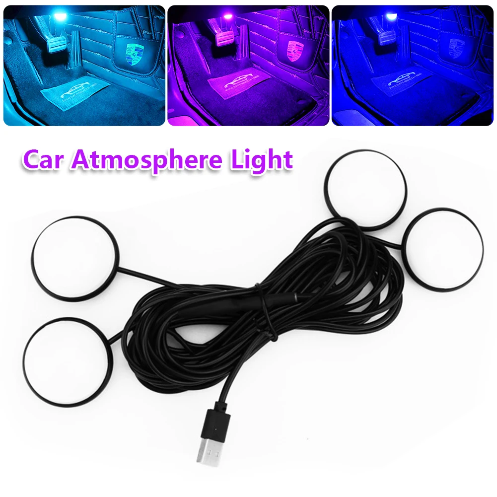 4pcs Led Car Atmosphere Light Foot Sole Ambient Lights Wiring Free Usb