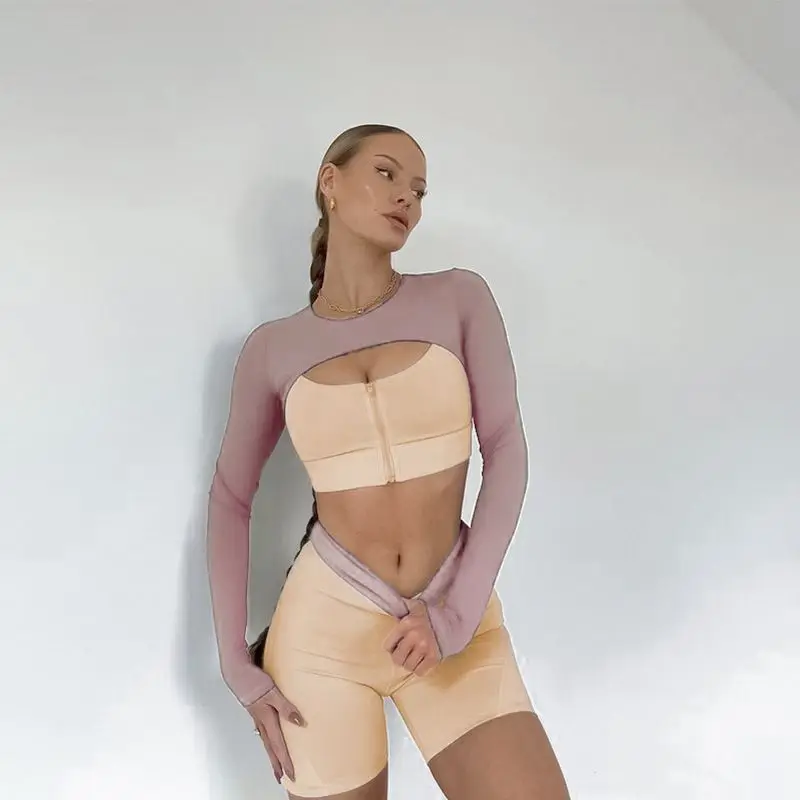 Women Sexy Tracksuits Long Sleeve Cut Out Corset Top Bicolor Two Piece Set High Waist Skinny Shorts 2024 Summer Joggers Outfits