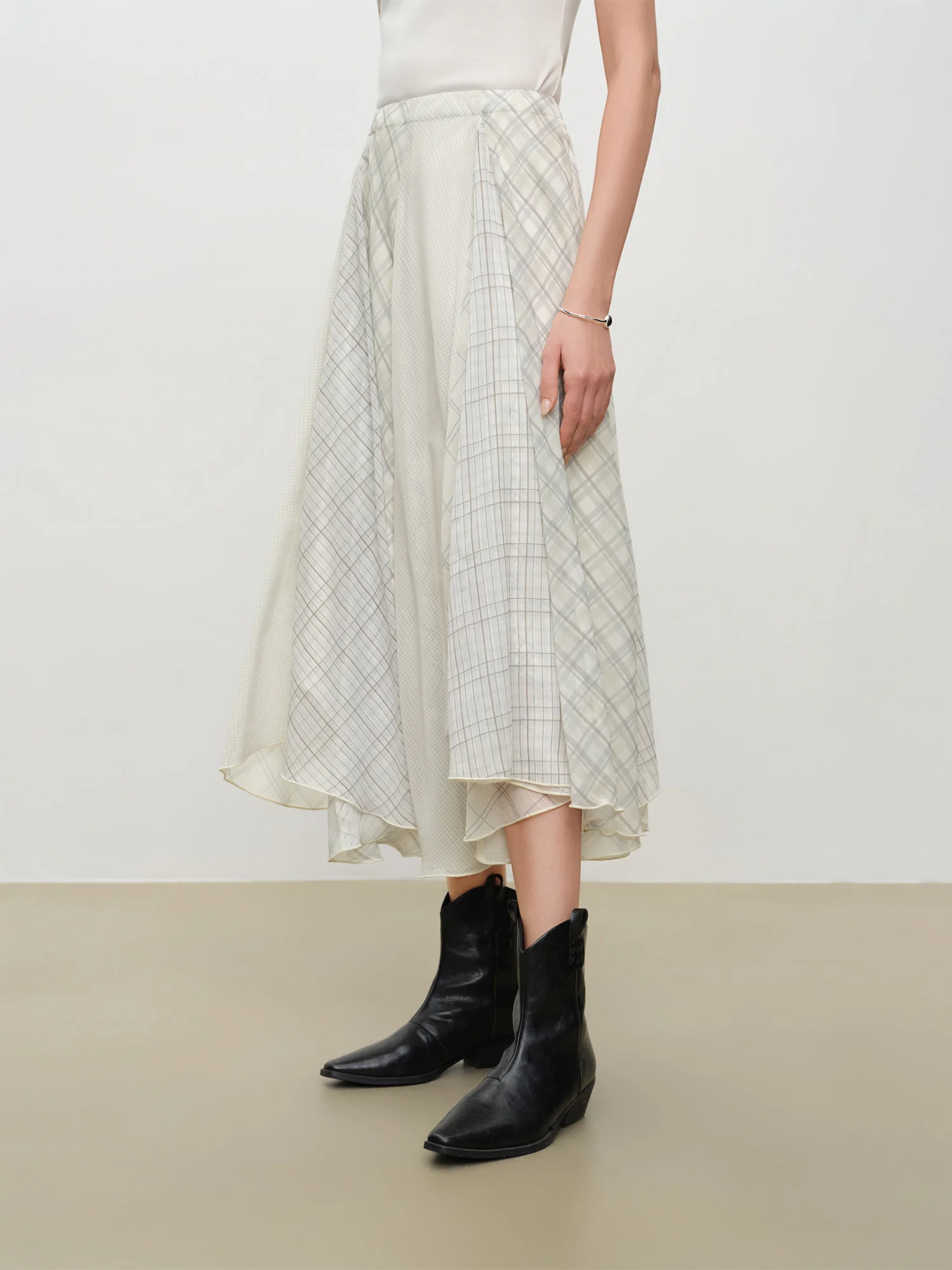 ZIQIAO 2026 Summer Women's Chiffon Panel Plaid A-Line High Waist Skirt for Daily and Summer Wear