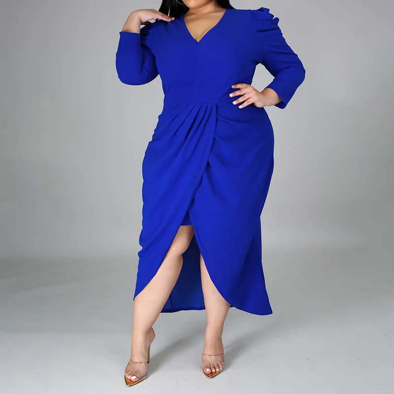 Plus Size for Clothes Women Evening Party V-Neck Bag Hip Irregular Dress Solid Color Pleated Long Sleeve Slim Split Fork Dresses