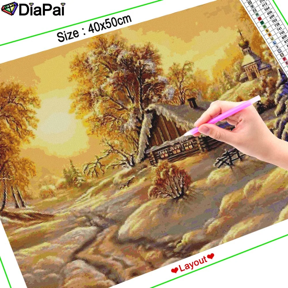 DIAPAI 5D DIY Diamond Embroidery Full Display "Snow sunset house view"Diamond Painting Square/Round Rhinestones Decor Art A26602