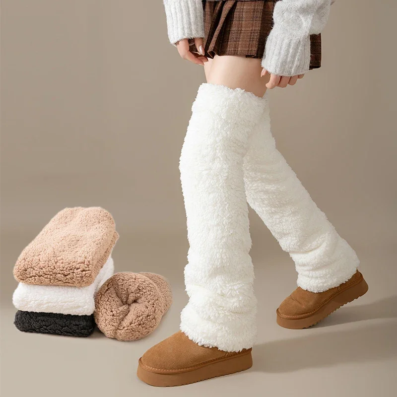 Funny Coral Fleece Knee High Socks Thickened Solid Color Leg Sleeves Long Warm Knee Pads Sleep