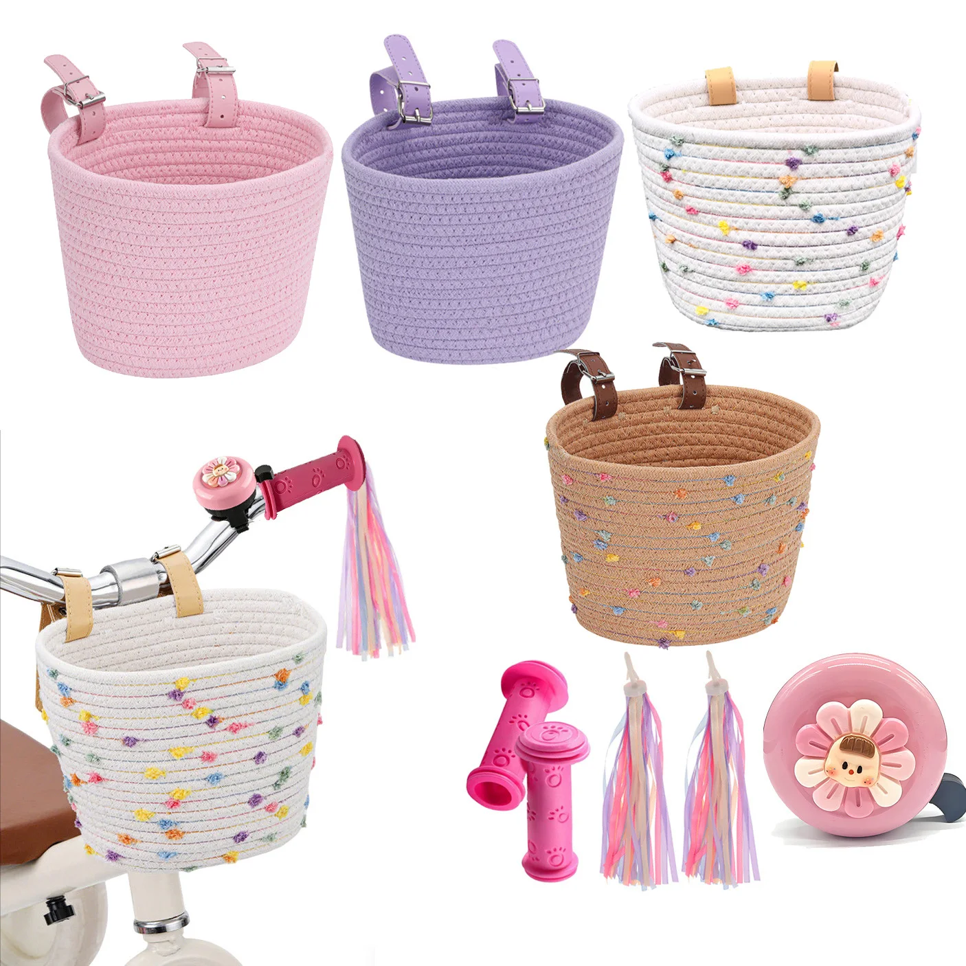 Children's Bicycle Handlebar Basket with Bell, Grips, and Tassel Accessory - Perfect Birthday Gift
