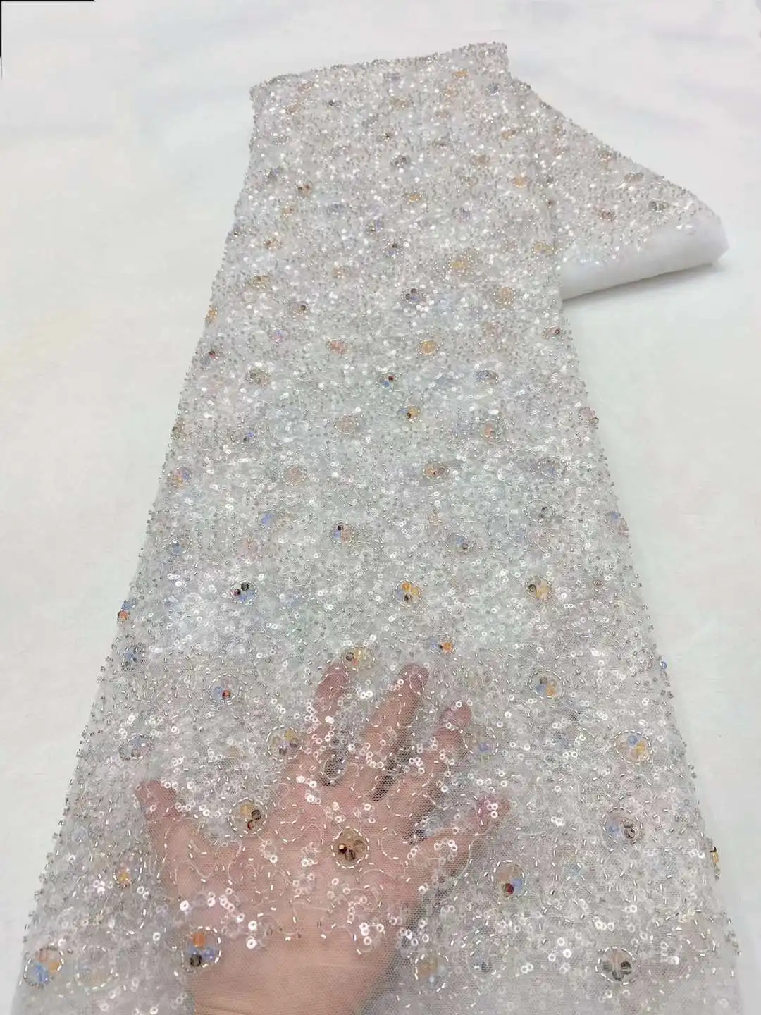 

African Beaded Lace Fabric Embroidery Groom Nigerian 2024 High Quality Lace French Sequins Tulle Lace Fabric For Wedding Dress
