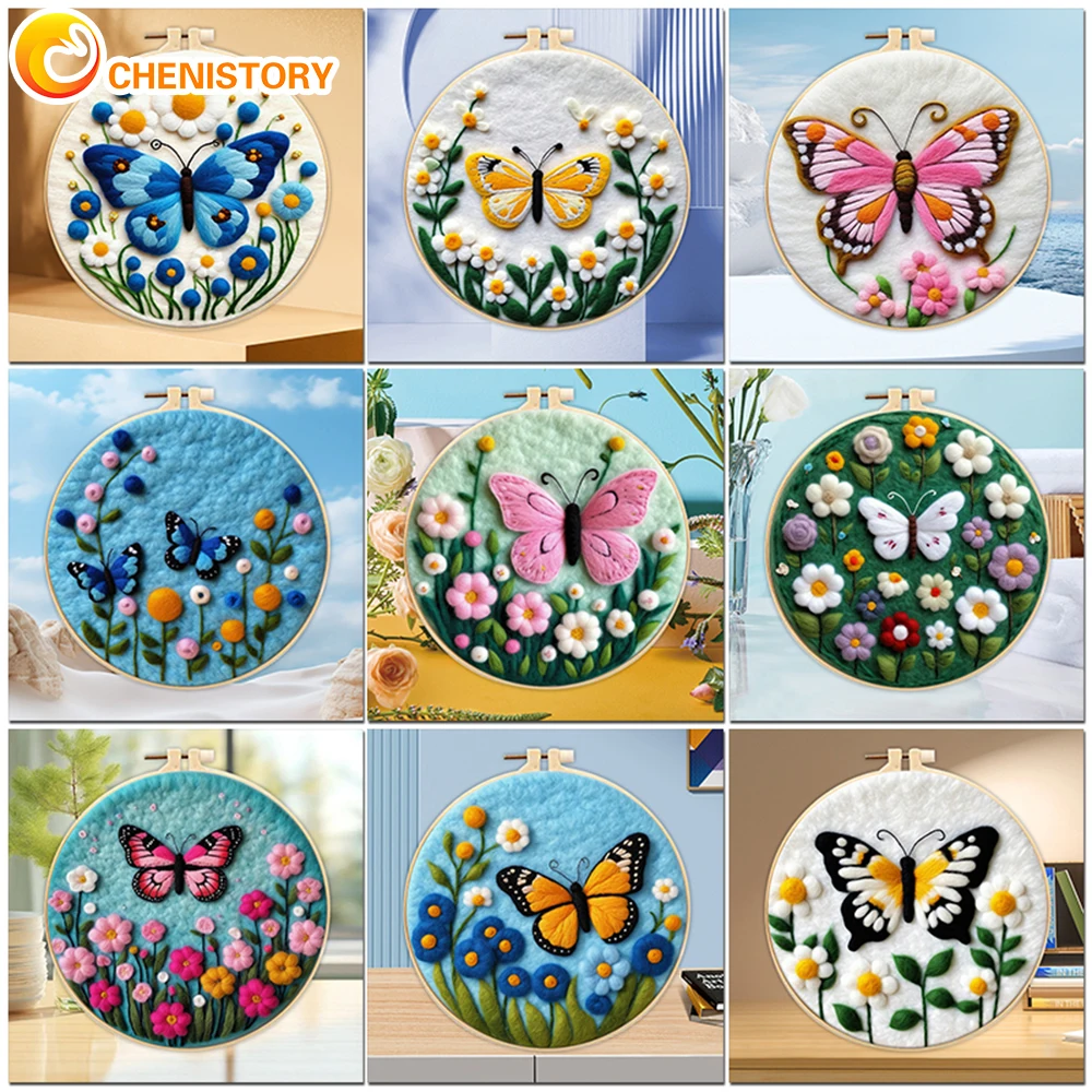 Wool Felting Kit 20x20cm Frame with Butterfly Needle Felting Painting for Beginner
