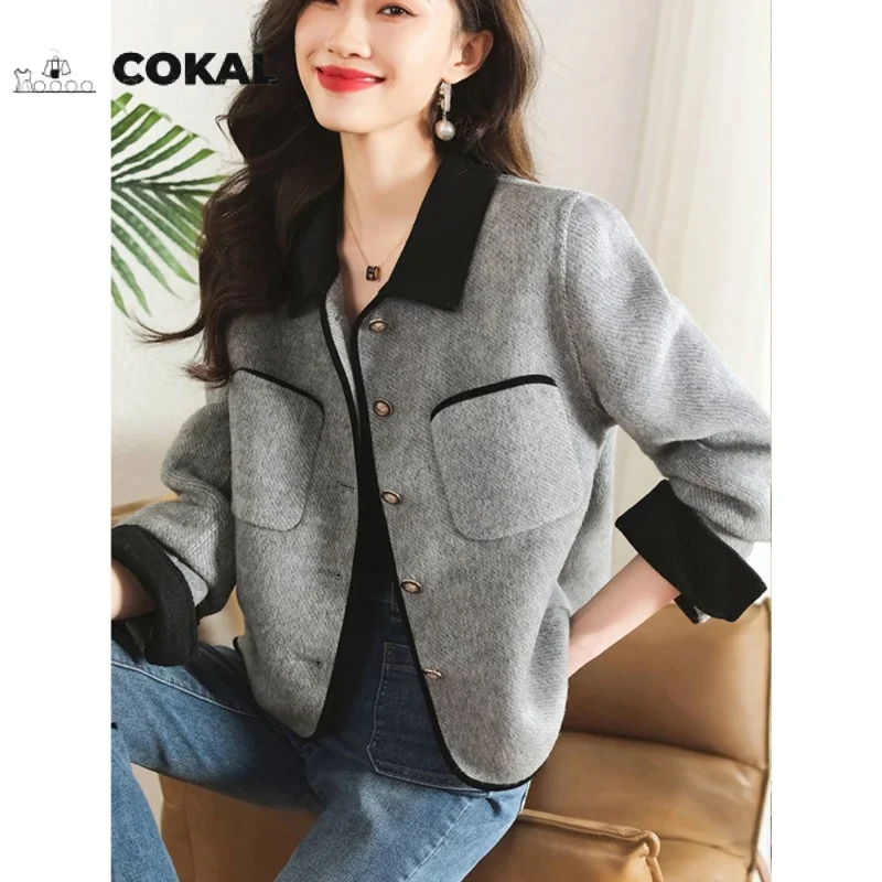 

COKAL Korea Fashion Casual Coat Grey tweed jacket Autumnwear Elegant office ladies long sleeve lapel minimalist coat