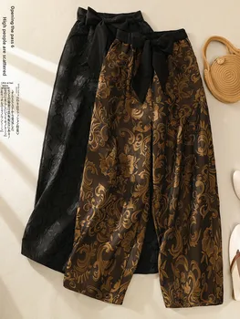Retro Ethnic Sle Relaxed Fit Trousers Flared Leg Casual Bootcut Pants High Waist Polyester Fiber Autumn Winter plus Size