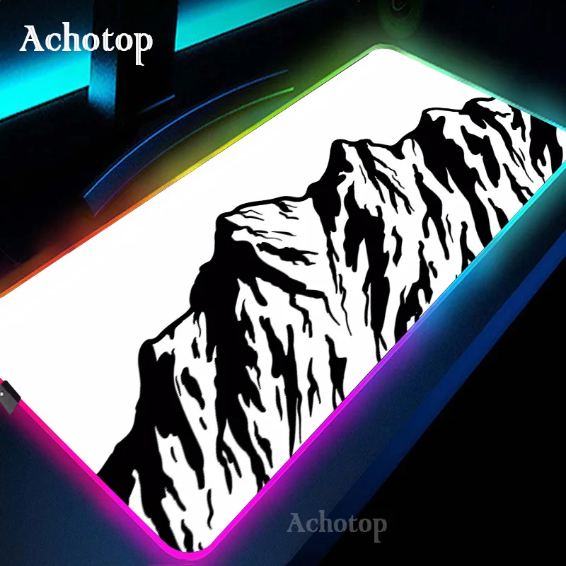 Alfombrilla de ratón para ordenador portátil RGB en blanco y negro, alfombrilla de ratón para juegos, alfombra grande con teclado de montaña Serenity, alfombrilla de escritorio LED de 100x50 con retro
