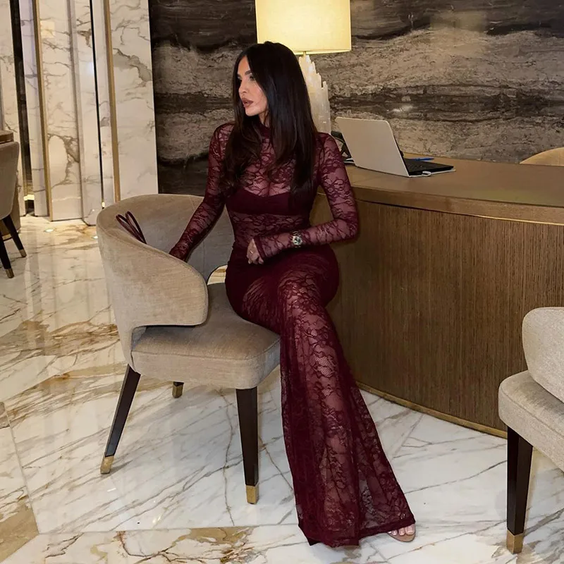 Vestidos largos sexis de encaje con retazos para mujer, vestido de fiesta ajustado con cuello alto y aberturas, vestido transparente ajustado para primavera 2025, nuevo