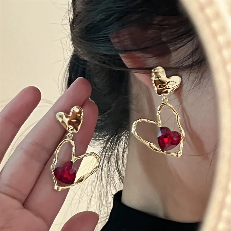 ピアス Heart drop pendant earrings Goth Liquid Heart Cross Star Pendant Earrings Y2K Red Zircon