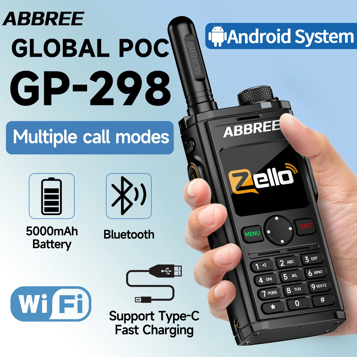 ABBREE GP-298 Network Walkie Talkie Zello Global POC Unlimited Distance ...