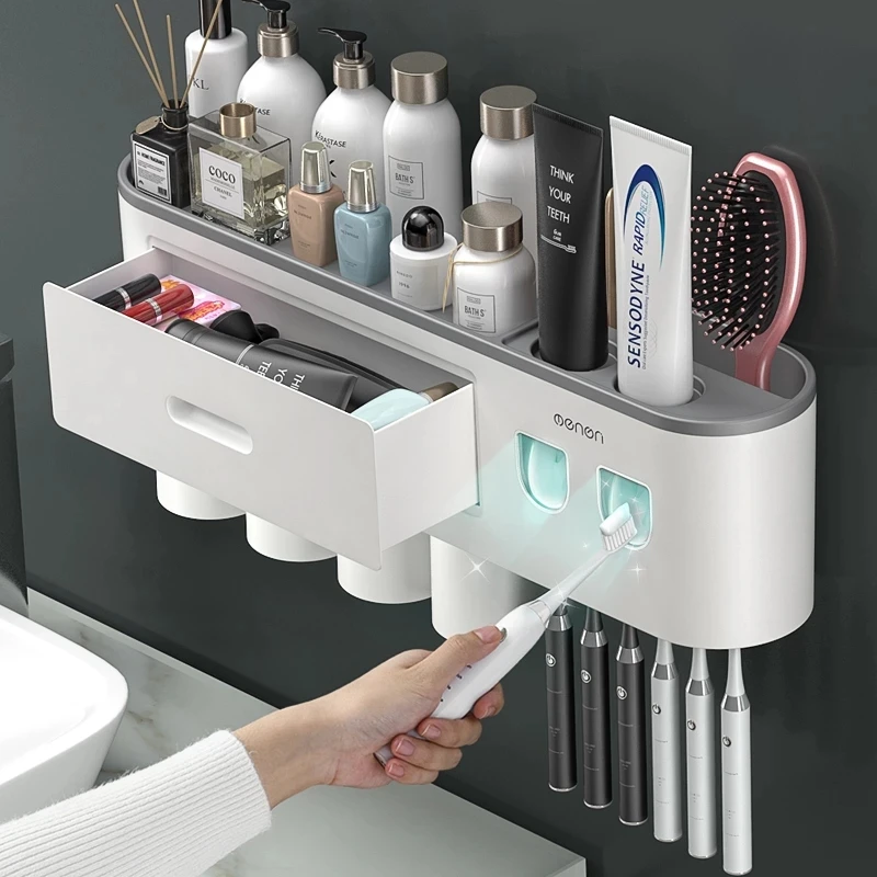 Magnetic Toothbrush Holder Storage Rack Automatic Toothpaste Dispenser Wall-Mounted Waterproof Bathroom Storage Accessories Set