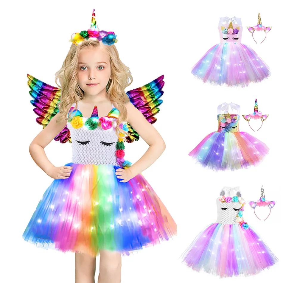 Girls Shiny Unicorn Tutu Dress Glowing Kids Unicorn Dresses For Girls Hallowmas Party Princess Dress Children Clothing vestidos