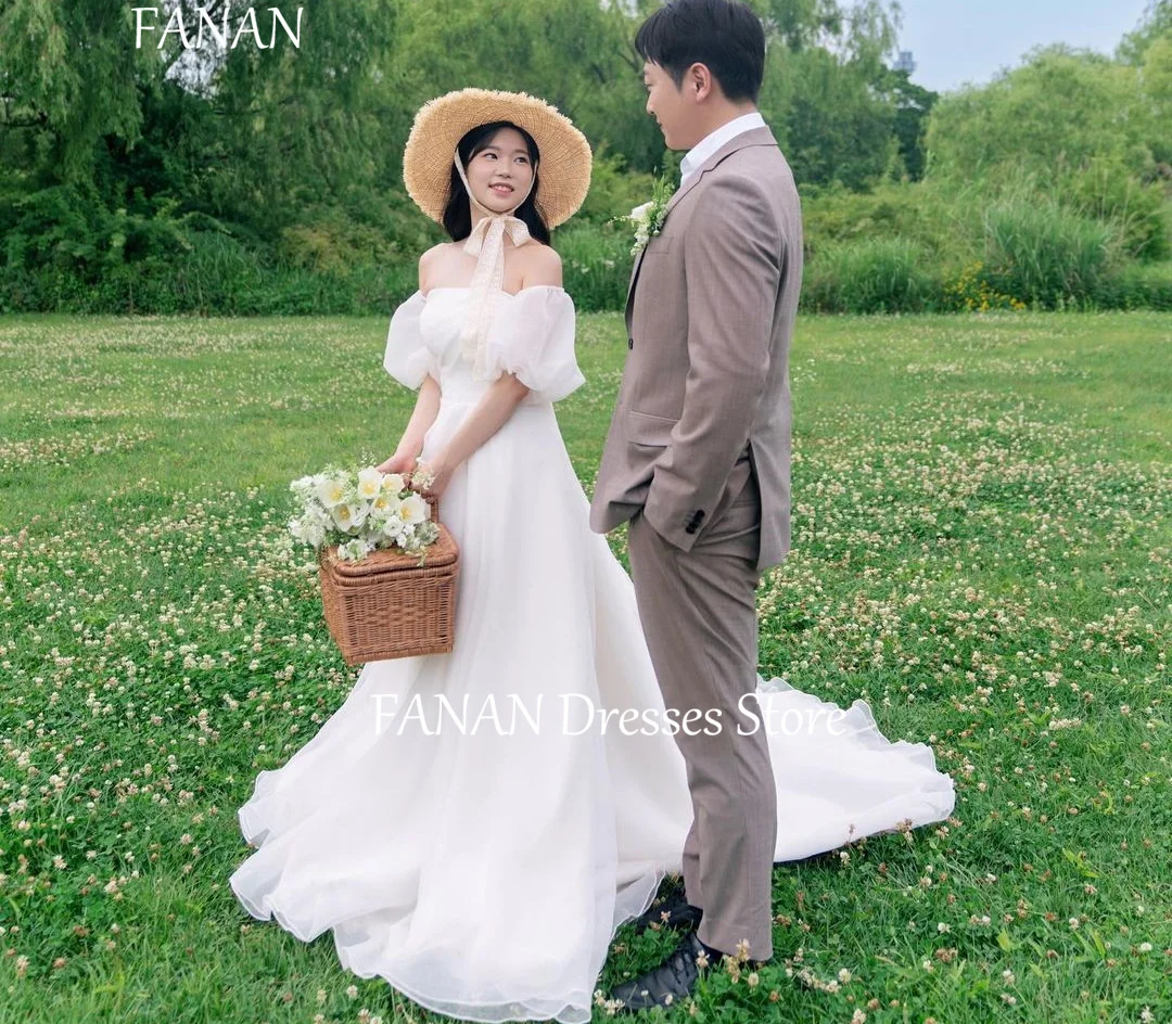 

FANAN Elegant Puff Sleeve Korea Wedding Dresses 웨딩드레스 Off the Shoulder Organza Lace-up Simple Custom Made Bride Gowns Plus Size