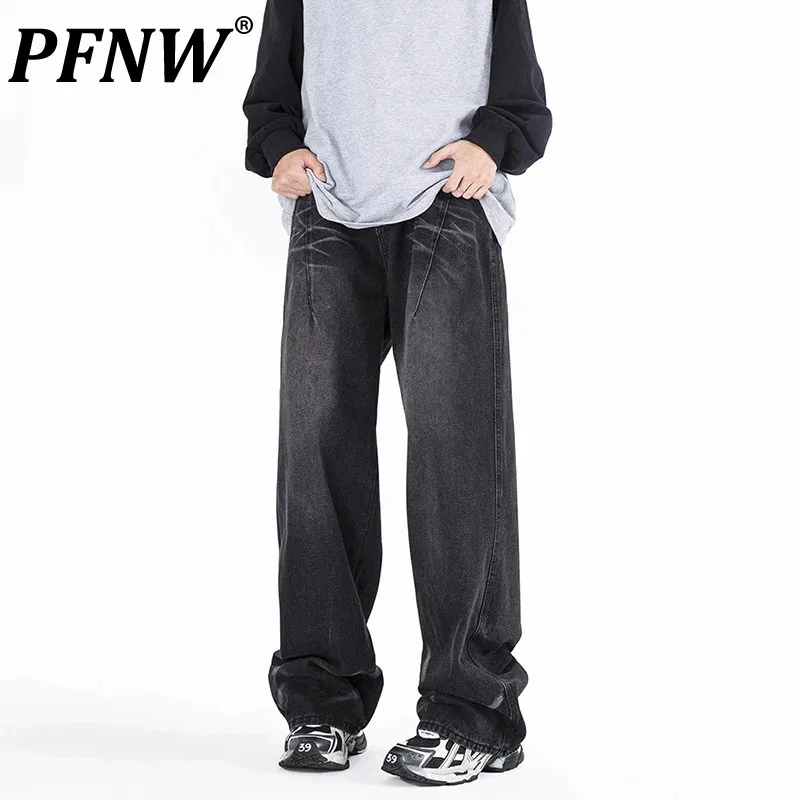 

PFNW Men's Darkwear Personality Denim Pants Safari Style Wearproof Haute Quality Function Straight Trousers Spring New 21Z4076