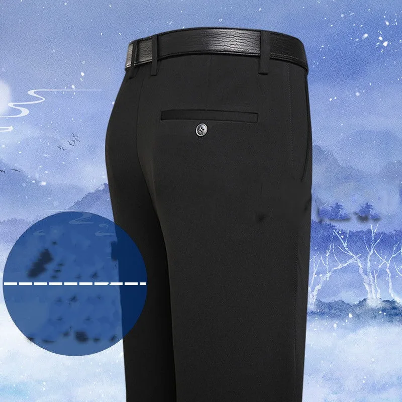Spring Autumn Men's Clothing Business Casual Elastic Breathable High Waist Thickened Trousers Polyester Straight Leg Pants