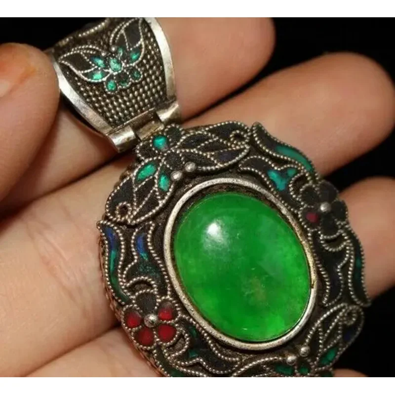 

Chinese old Tibetan silver cloisonne inlaid green jade pendant