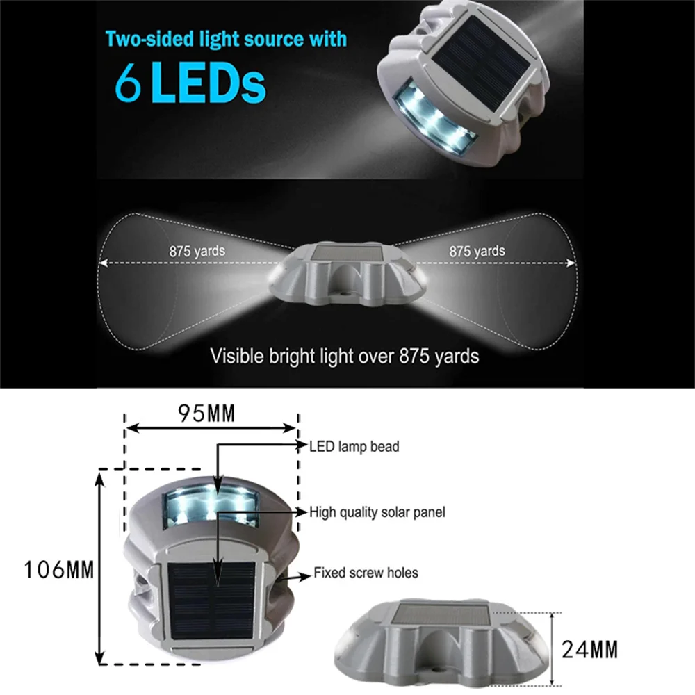 Outdoor Lighting IP68 Waterproof Solar Powered 6LED Road Stud Light Aluminum Road Reflective Light Highway Ground Warning Light 6