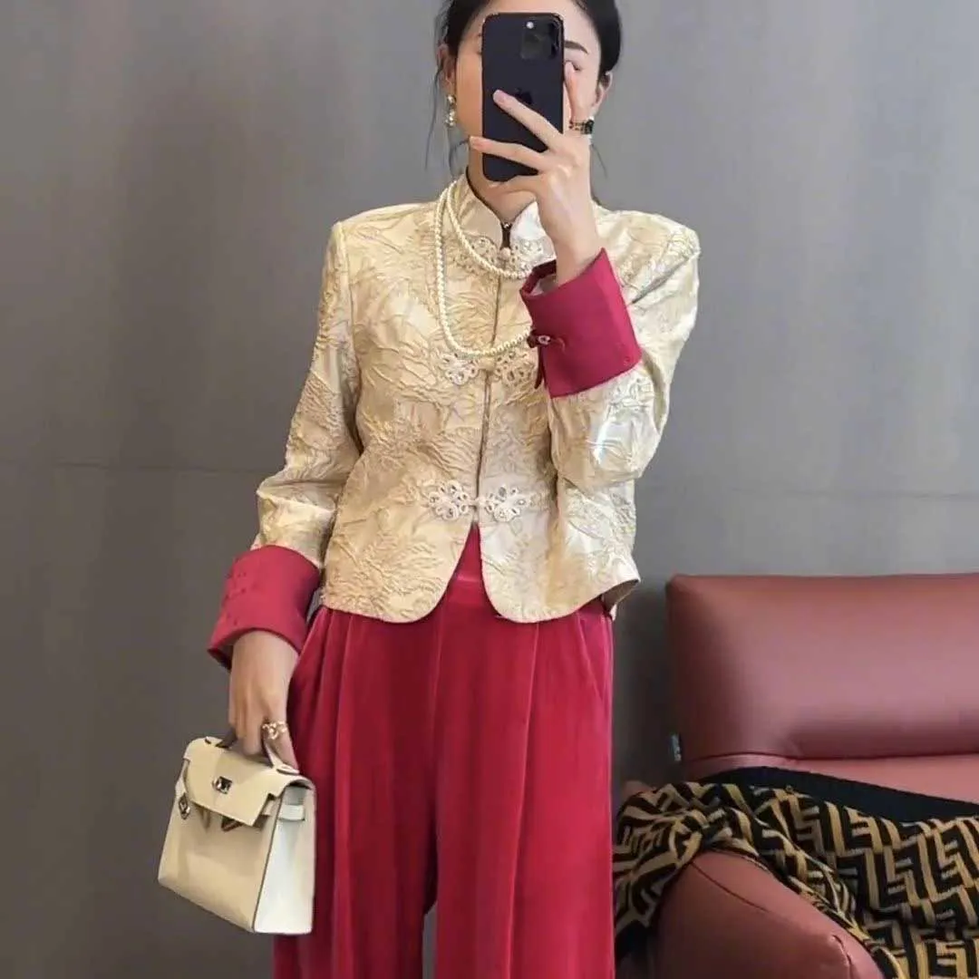 New Chinese National Style Tang Suit Jacket Stand Collar Retro Buckle Coat Red Slim Straight Pants Fashion 2-piece suit
