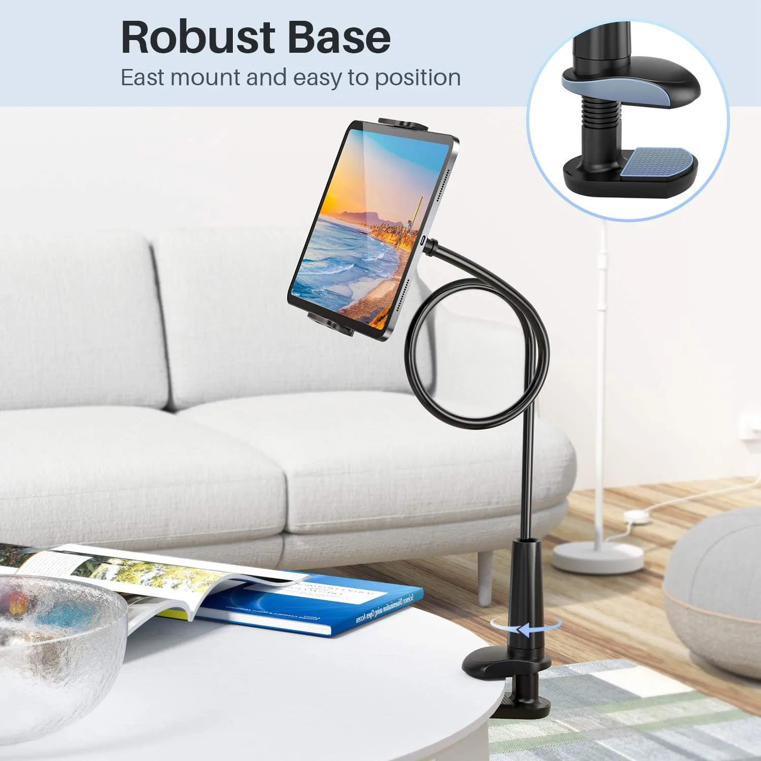 태블릿 홀더 스탠드 침대 조정 가능한 유연한 팔 태블릿 iPad Air Mini 또는 기타 4.7-10.5 장치용 테이블 클램프 장착