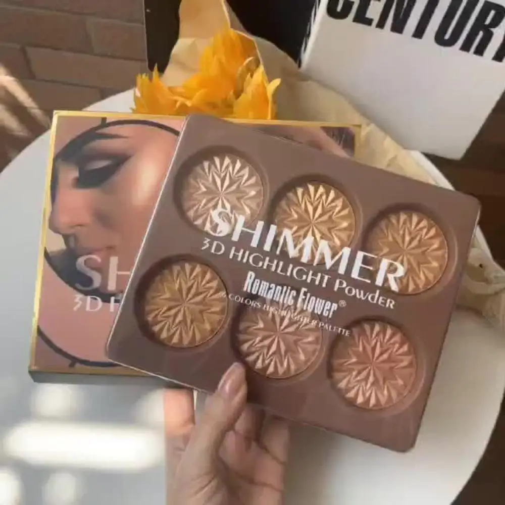 6-Color Highlighter Palette – Deep-toned shimmer pressed powder for an all-over face glow. Full-coverage face makeup with lumino