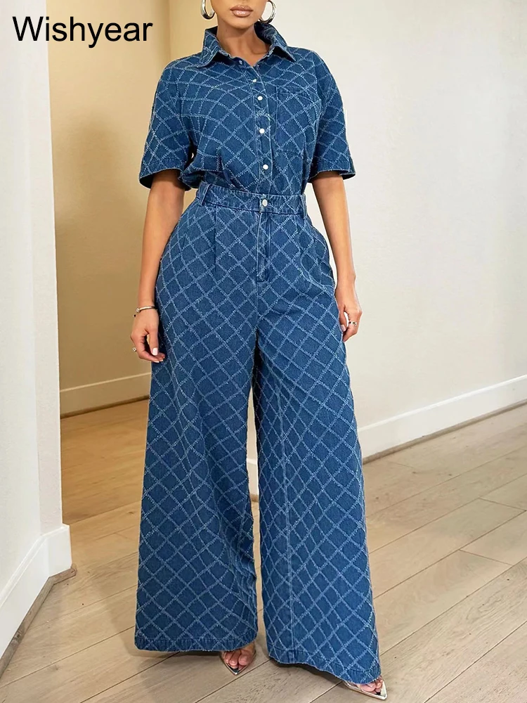 vintage-blue-denim-plaid-print-2-set-da-due-pezzi-giacca-a-maniche-corte-da-donna-e-pantaloni-a-gamba-larga-flare-jeans-streetwear-club-outfits