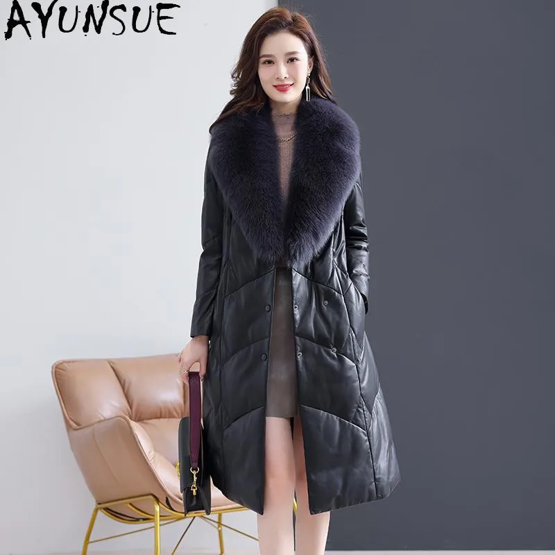 

AYUNSUE Genuine Leather Jacket Women Winter Real Sheepskin Coat Elegant Long Down Coats Fox Fur Collar Jaqueta Feminina Couro