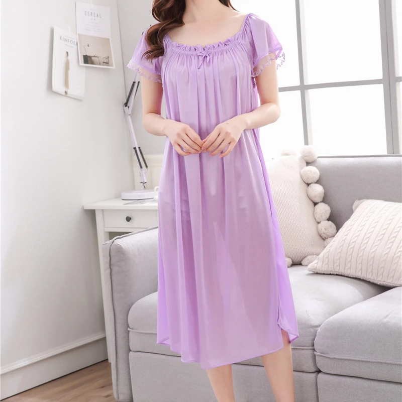 Women Night Gowns Sleepwear Lace Patchwork Nightwear Long Sleeping Dress Casual Ladies Home Dressing