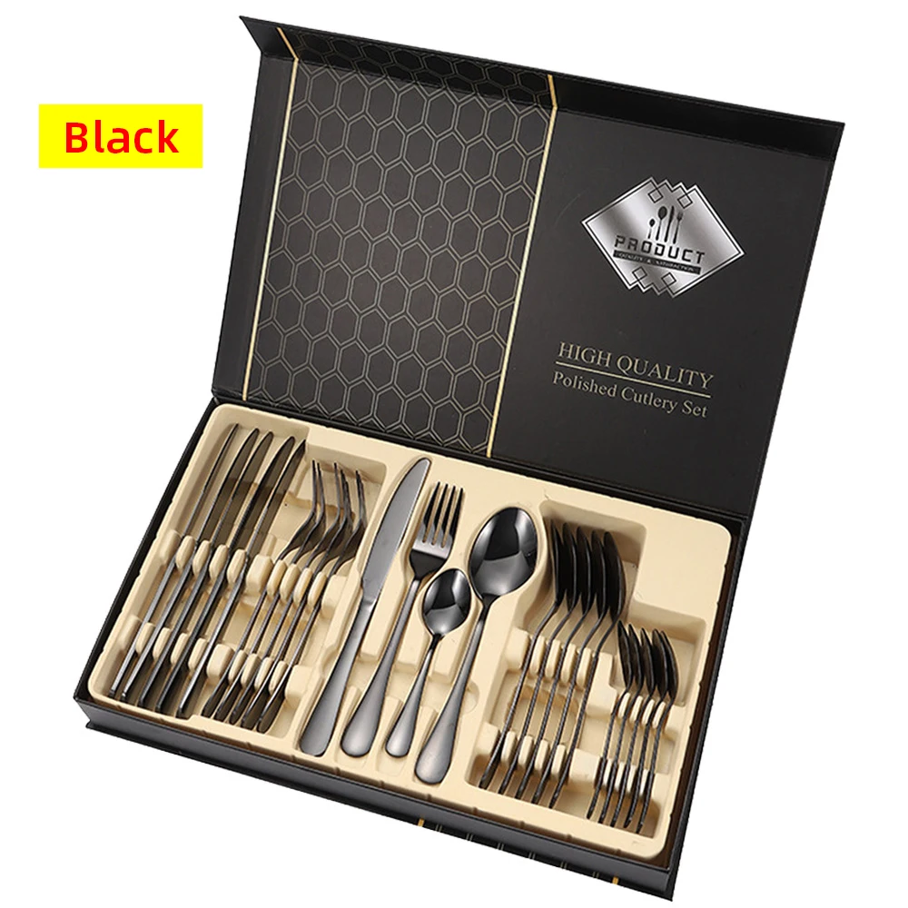 

24Pcs/Set Of High-end Tableware Gift Box Golden Stainless Steel Tableware Gift Box Steak Knife Fork Spoon Tea Spoon Gift Box Set