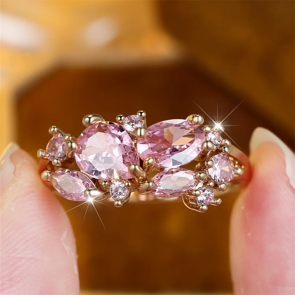 Elegant Pink Zircon Water Drop Stone Rings For Women Vintage Gold Color Engagement Ring Wedding Jewelry Bridal Versatile Gifts
