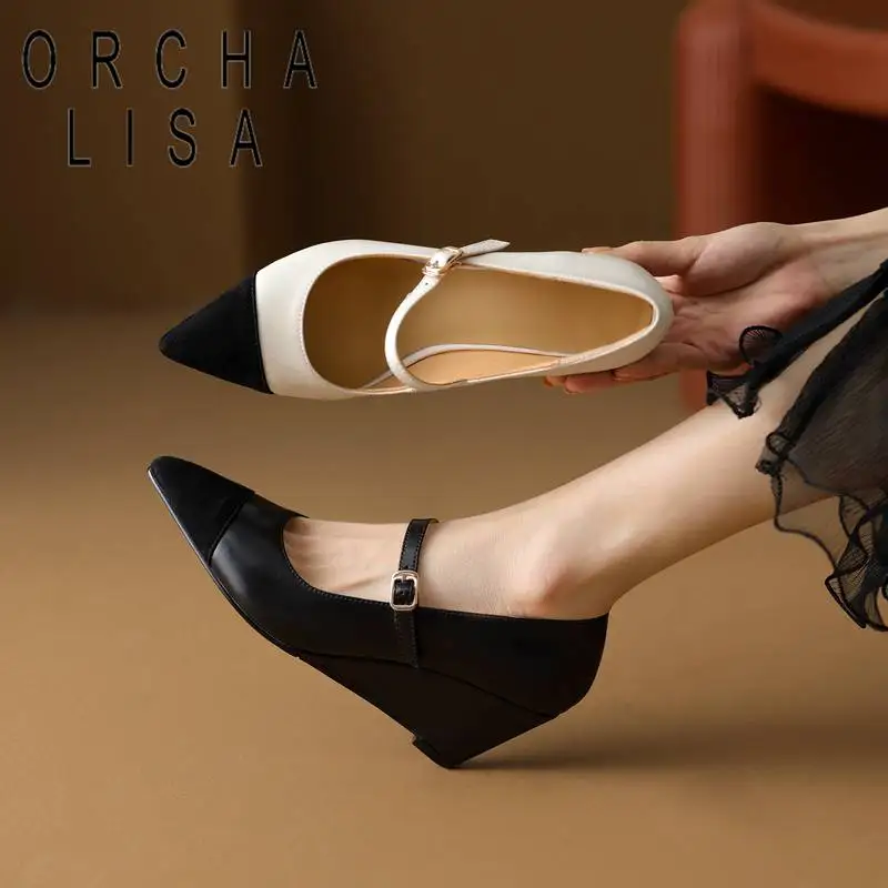

ORCHA LISA Womens Pumps Cow Leather Suede Splice Pointed Toe Wedges Heels 7cm Buckle Strap Mixed Color Office Lady Shoes Fashion