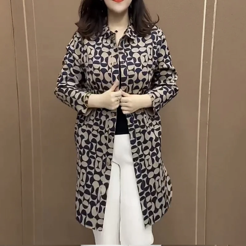 Spring Autumn New POLO Collar Fashion Long Sleeve Shirt Women High Street Casual Button Patchwork Printing Mid-length Cardigan