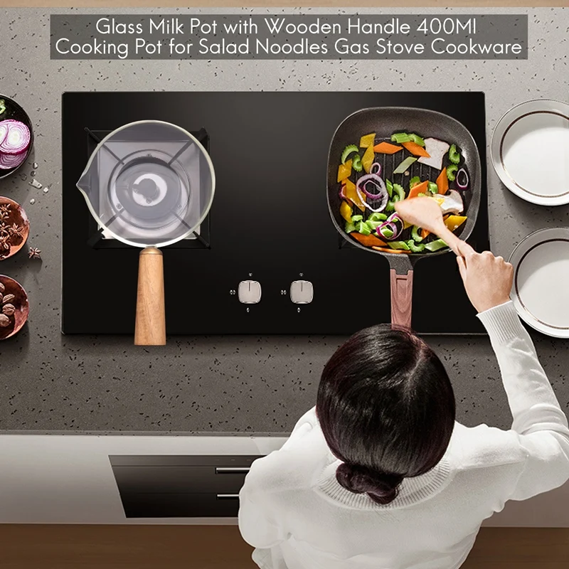 Glass Milk Pot With Wooden Handle 400Ml Cooking Pot For Salad Noodles Gas Stove Cookware