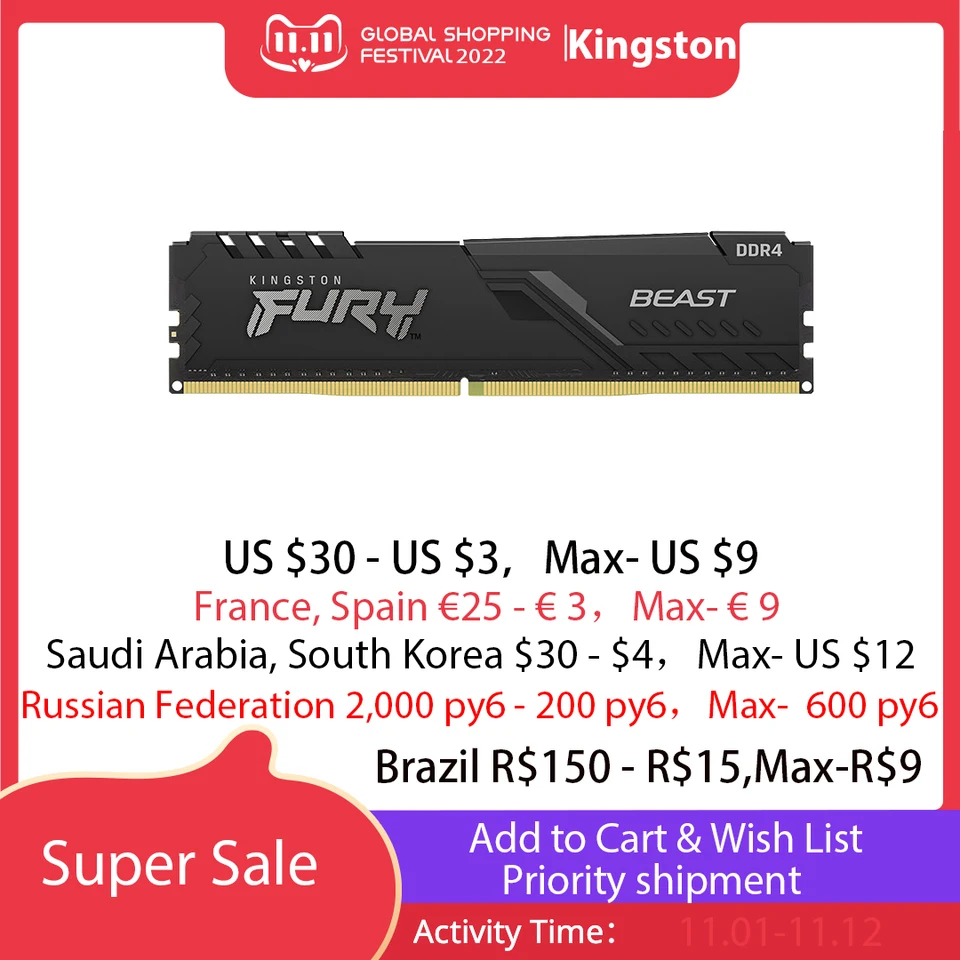 Kingston HyperX FURY DDR4 RAMs 3600MHz 8GB 2400MHz 16GB 3200MHz