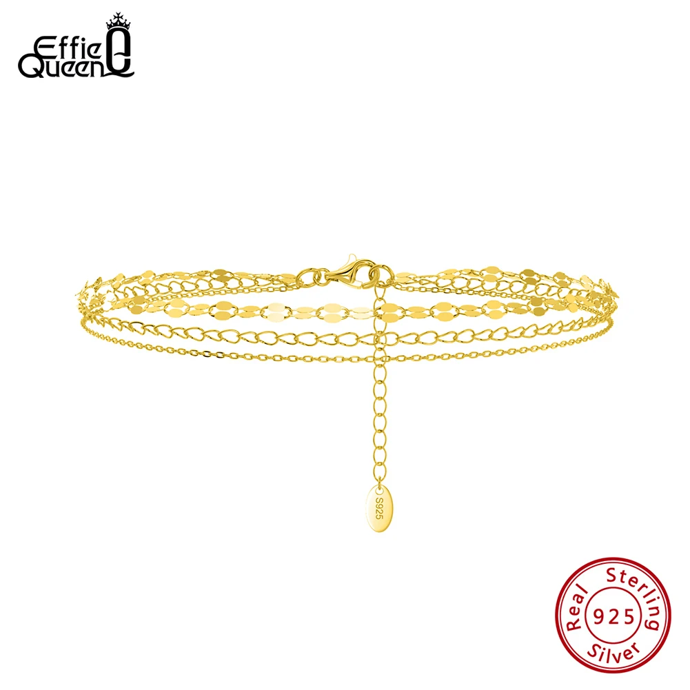 Effie Queen 14K Gold 3 Layered Chain Anklet 925 Sterling Silver Hybrid Chain Design For Women Wearing Anklets Jewelry Gift SA58