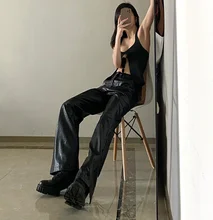 

Pantalones de piel sintética para mujer, pantalón negro, pitillo, holgado, de cintura alta, elegante, a la moda