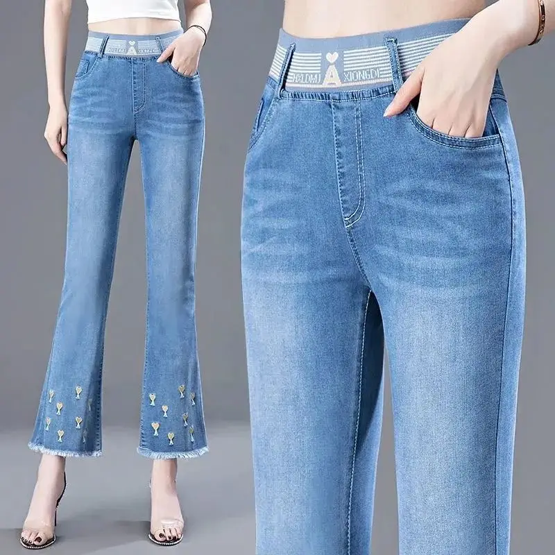 

Женские офисные джинсы-клеш, повседневные облегающие укороченные джинсовые брюки в Корейском стиле с эластичной талией и вышивкой, весна-лето