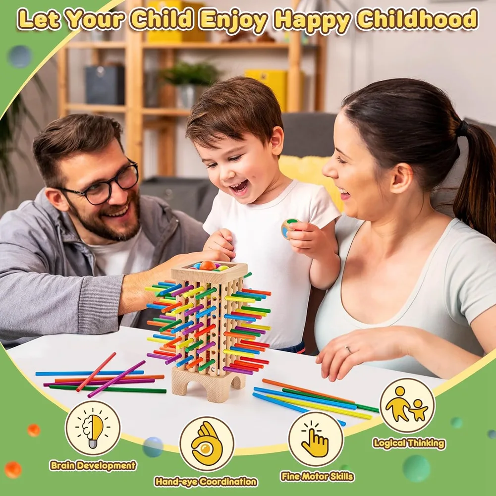 Wooden Board Game Montessori Toys, 42 Colourful Sticks Dice Game Math Educational Toy, Family Fun Ball Dropping GameA87I