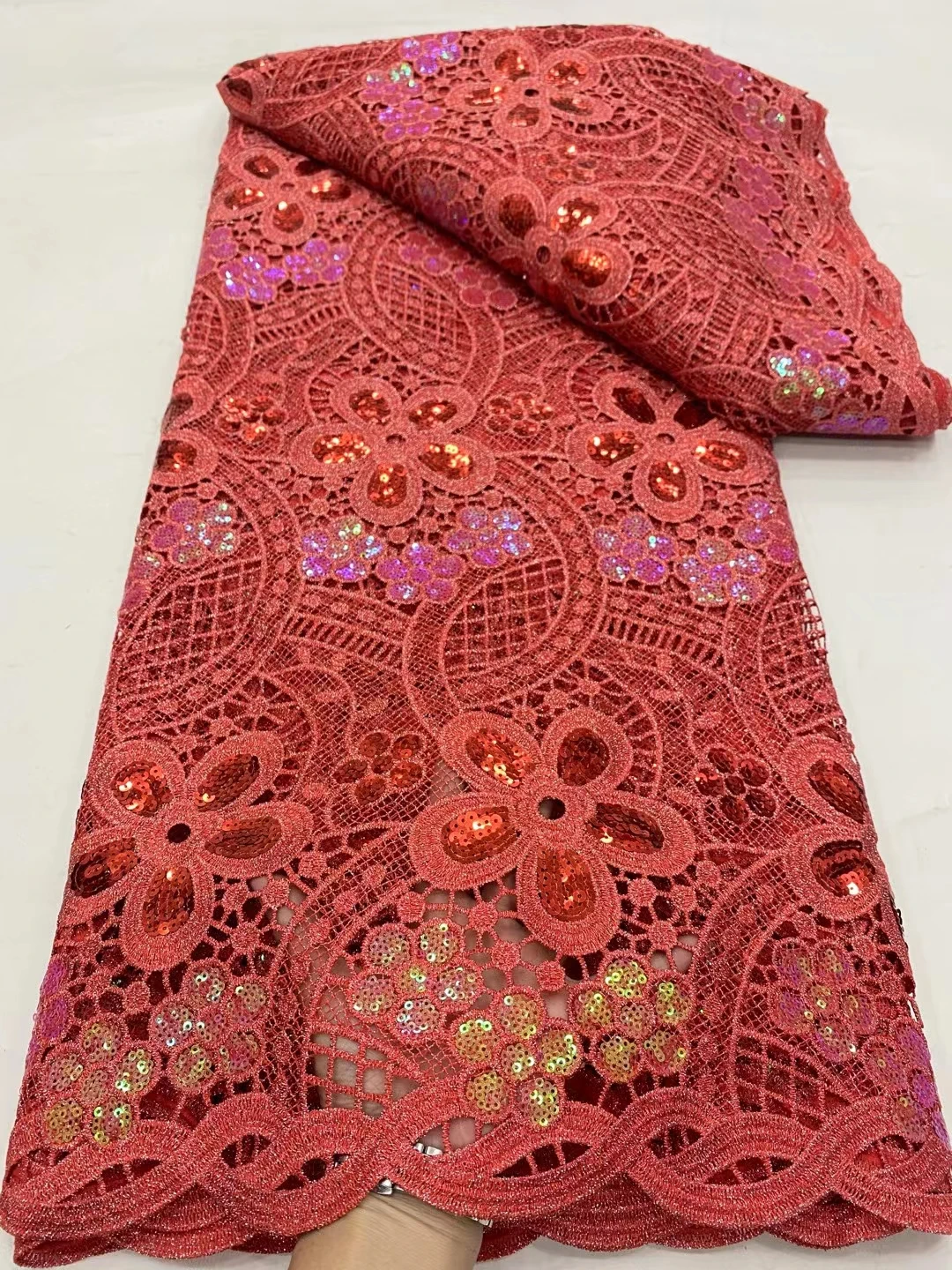 

NDPG75 Red!Nice looking African water soluble lace with sequins,top quality embroidered guipure cord lace for party dress