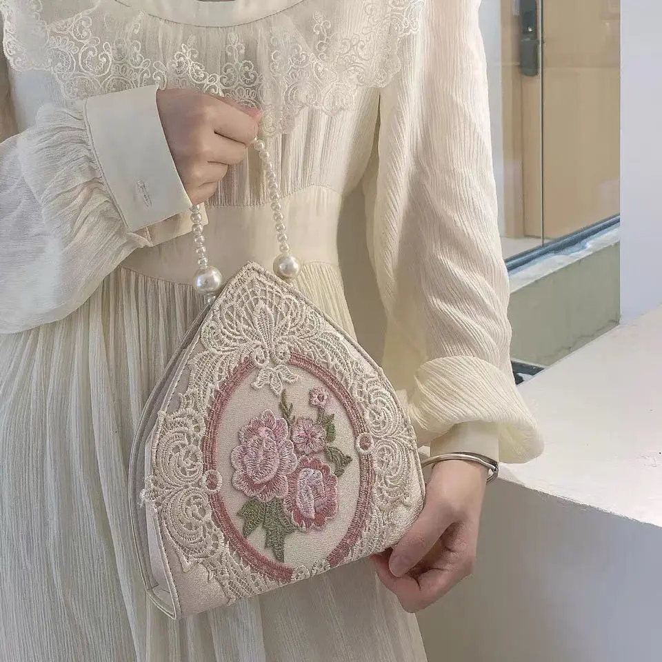 

2024 Spring Elegant Floral Embroidered Lace Pearl Lolita Dress Handbag Women Lipstick Purse Ladies Gentle Fairy Evening Bag