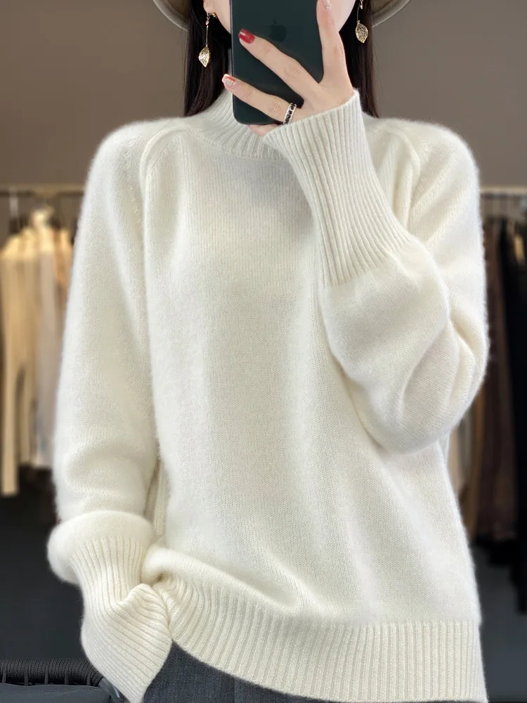 Women Cashmere Sweater 100% Merino Wool Knitted Pullover Autumn Winter Mock Neck Knitwear Female Soft Casual Fashion Warm  Top