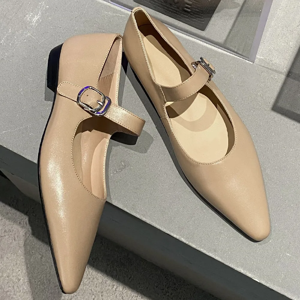 

Women's genuine leather metal belt slip-on mary jane flats leisure soft comfortable casual female daily footwear shoes for women