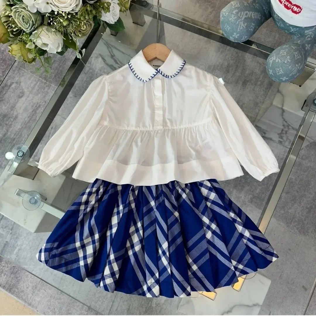 

Girls Suit Spring Autumn 2024 Lapel Long Sleeve Shirt + Plaid Pleated Skirt Two-piece Sweet Fresh Designer Children Clothes Set