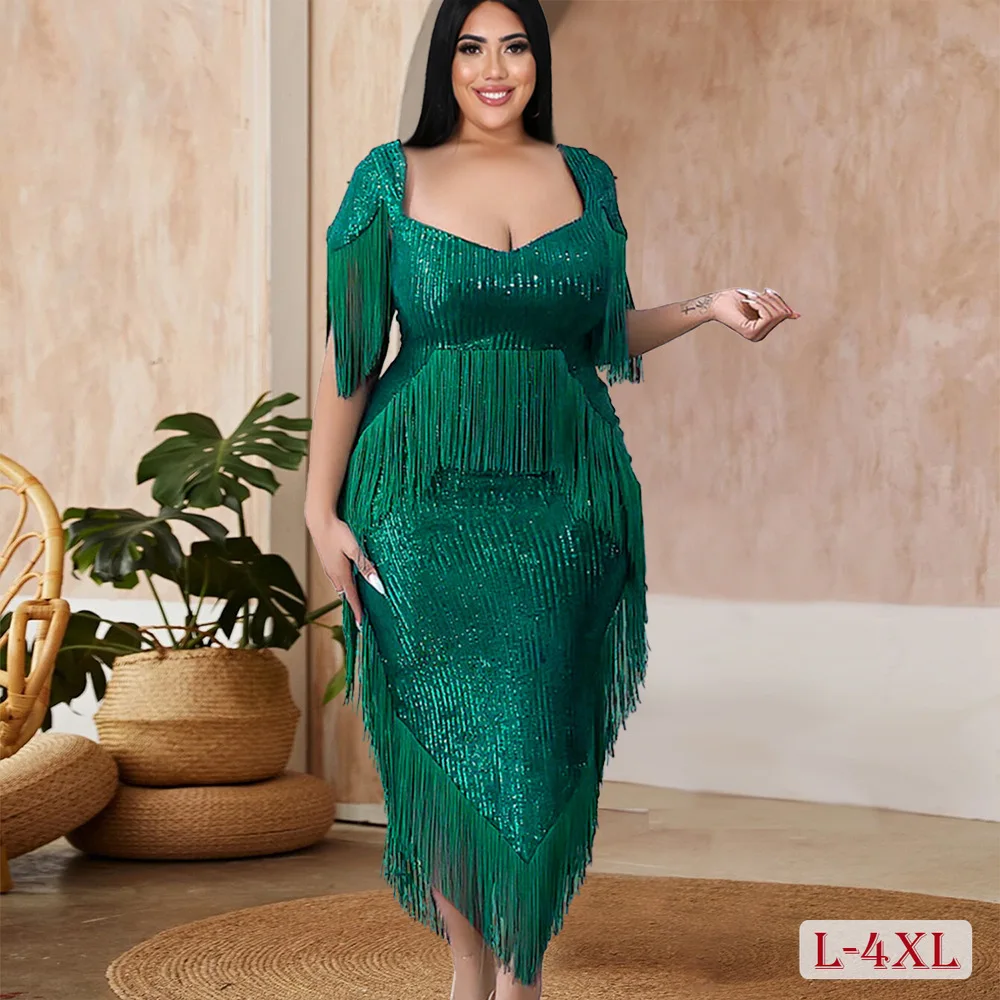 

L-4XL Plus Women's Tassel Draped Evening Dresses, Elegant Plus Size Party Dress, Sexy Lady, Female Bohemian Prom Gown,