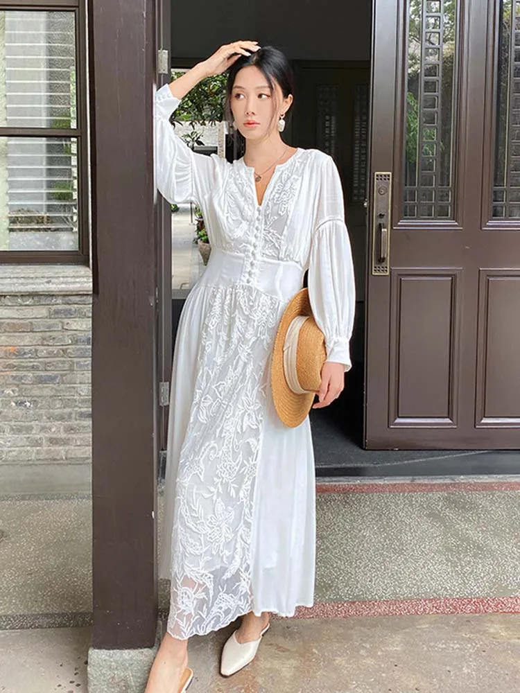 

Jastie Spring Summer White Lady Dress 2023 New Retro Waist Lace Stitching V-neck Dresses Embroidery Temperament Long Dress Women