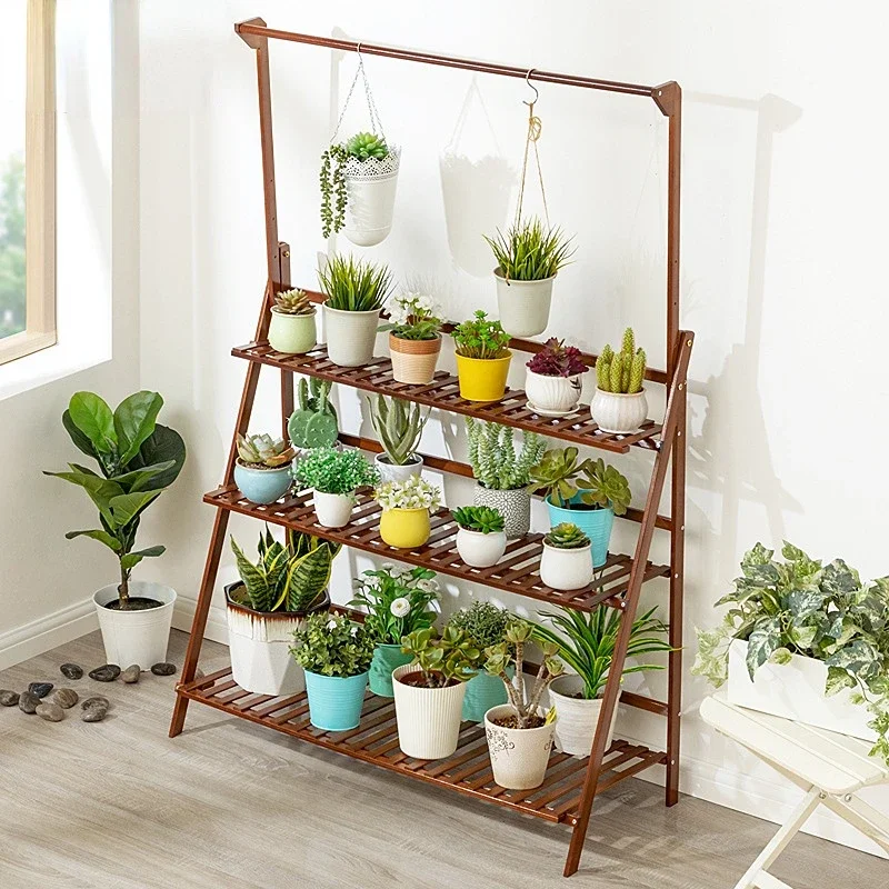 Plant Stand Storage Shelf, 3-Tier Hanging Stand for Flowers, Folding Organizer Display Rack, Adjustable Hanger Rod, Bamboo
