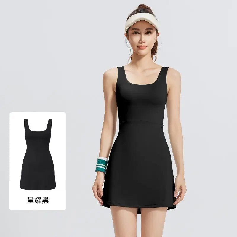 Sports with Padded Tennis Dress for Women Summer Solid U-neck Backless One-piece Running Pants Skirt Simple Training Clothes