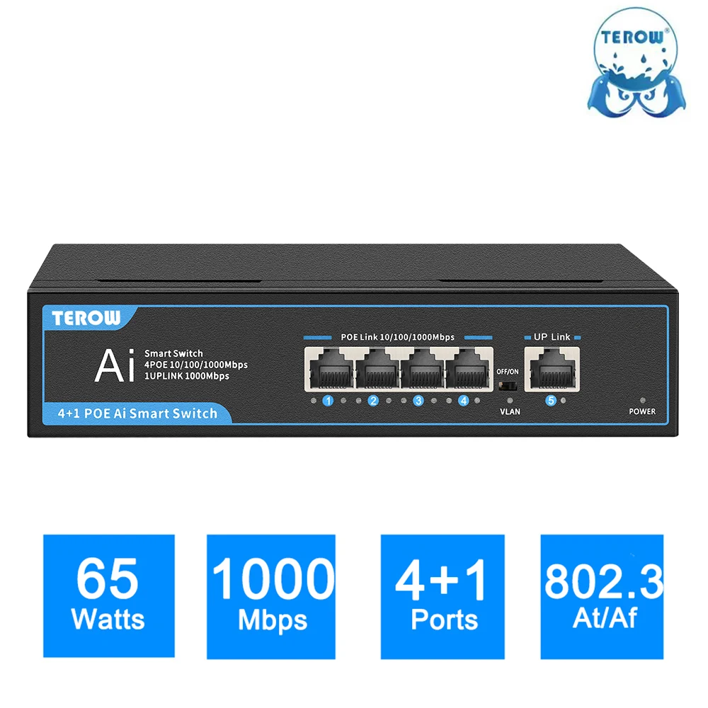 Terow-poe Switch Ethernet Inteligente Gigabit Completo Portas 1000mbps Lan Hub Rj45 65w Apto para Câmera ip ap sem Fio Wifi