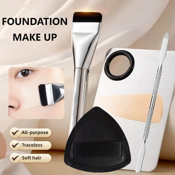 Pennello per fondotinta ultra sottile Tavolozza per miscelazione trucco con spatola Pennello per contorno viso piatto Frullatore per soffio cosmetico Strumenti per trucco di bellezza